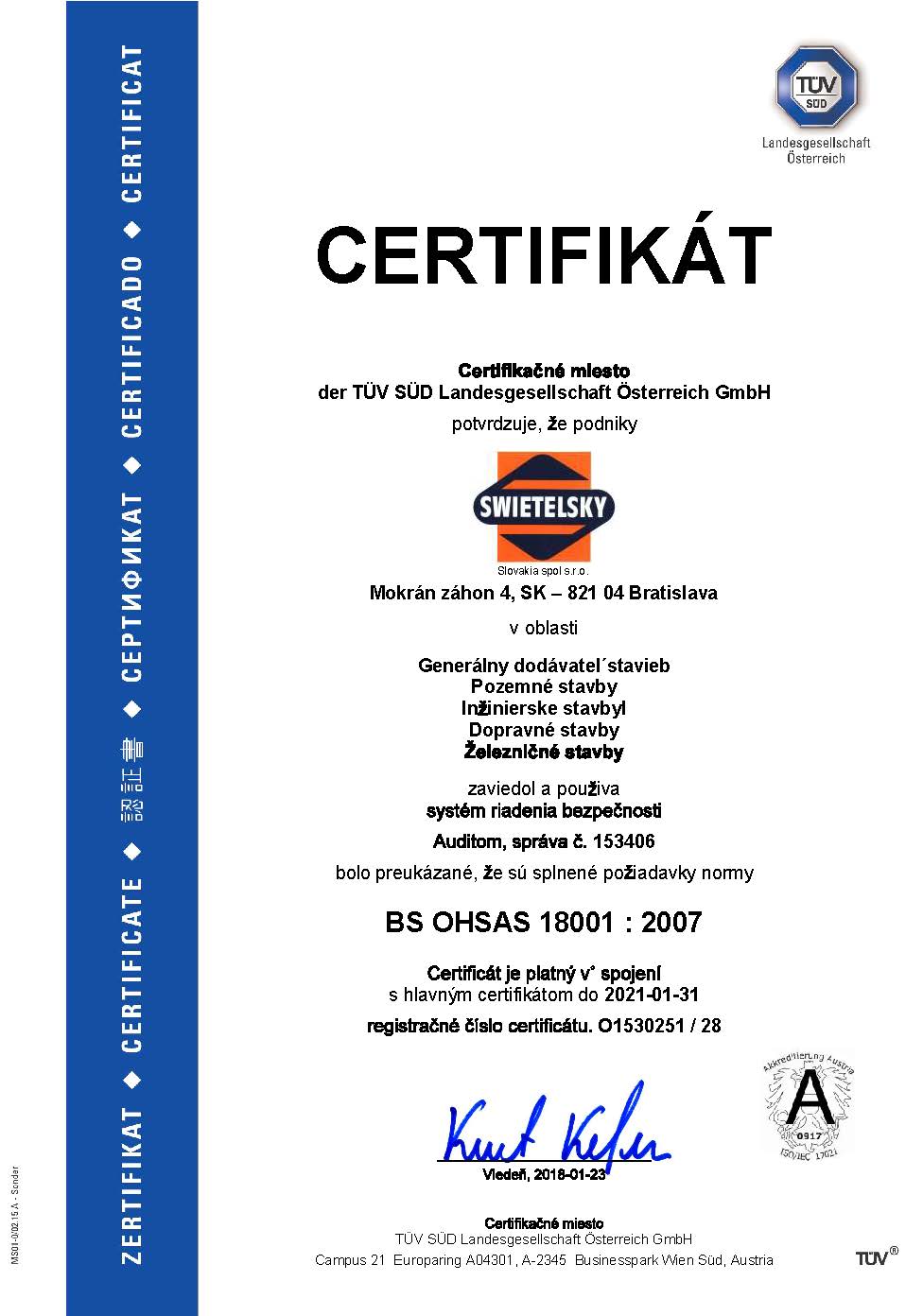 BS OHSAS 18001:2007  Swietelsky-Slovakia spol. s r.o.