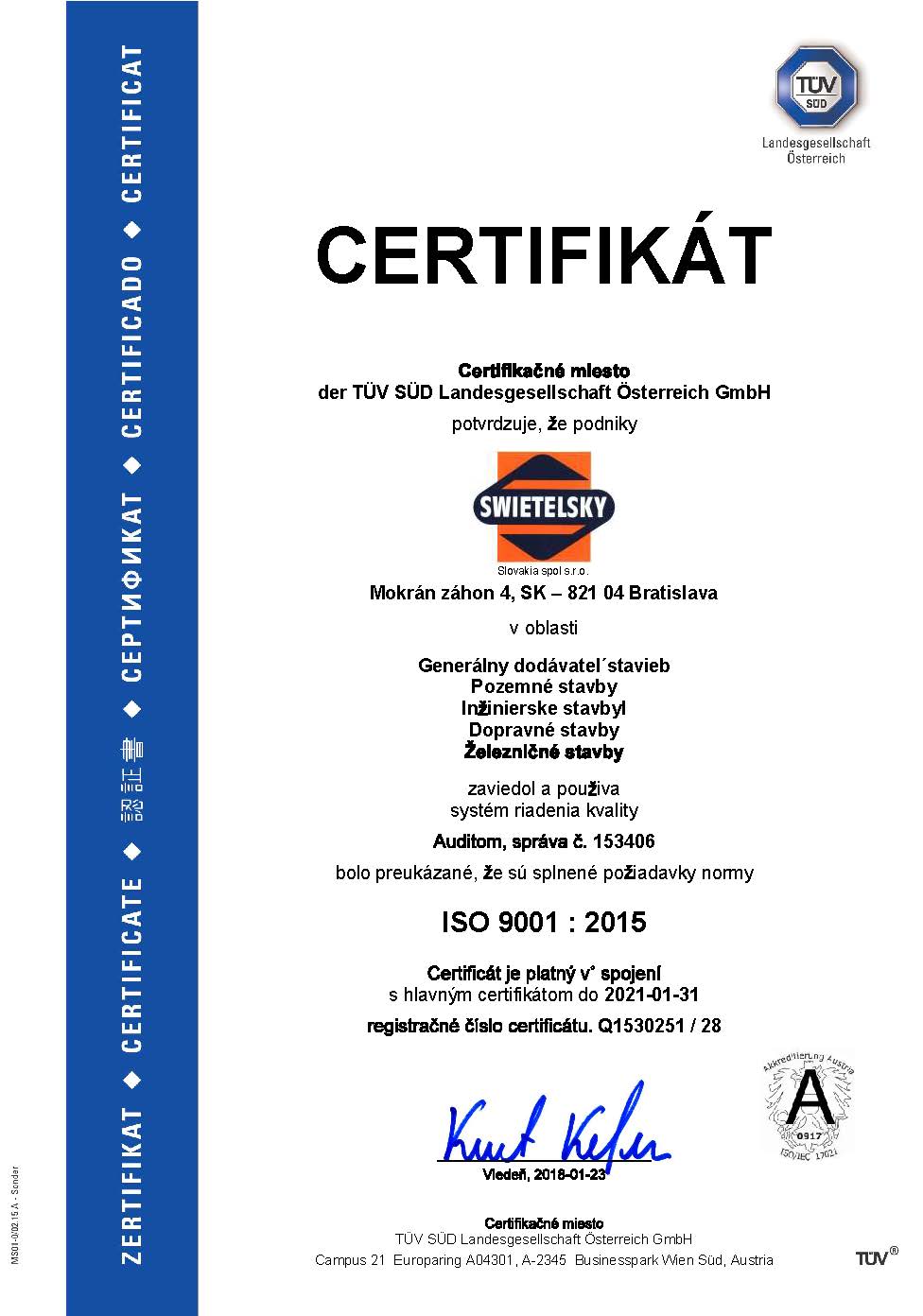 ISO 9001:2015 Swietelsky-Slovakia spol. s r.o.