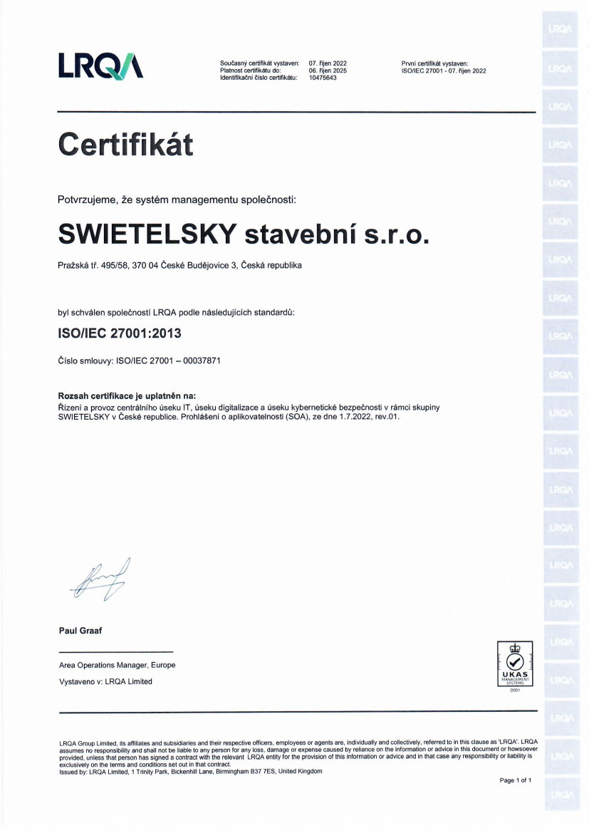 SWIETELSKY získal certifikát informační bezpečnosti - CZ